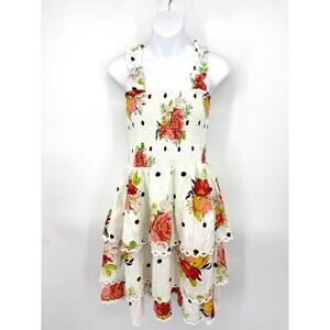 FARM Rio White Floral Eyelet Tiered Sundress with Pink & Yellow Blooms